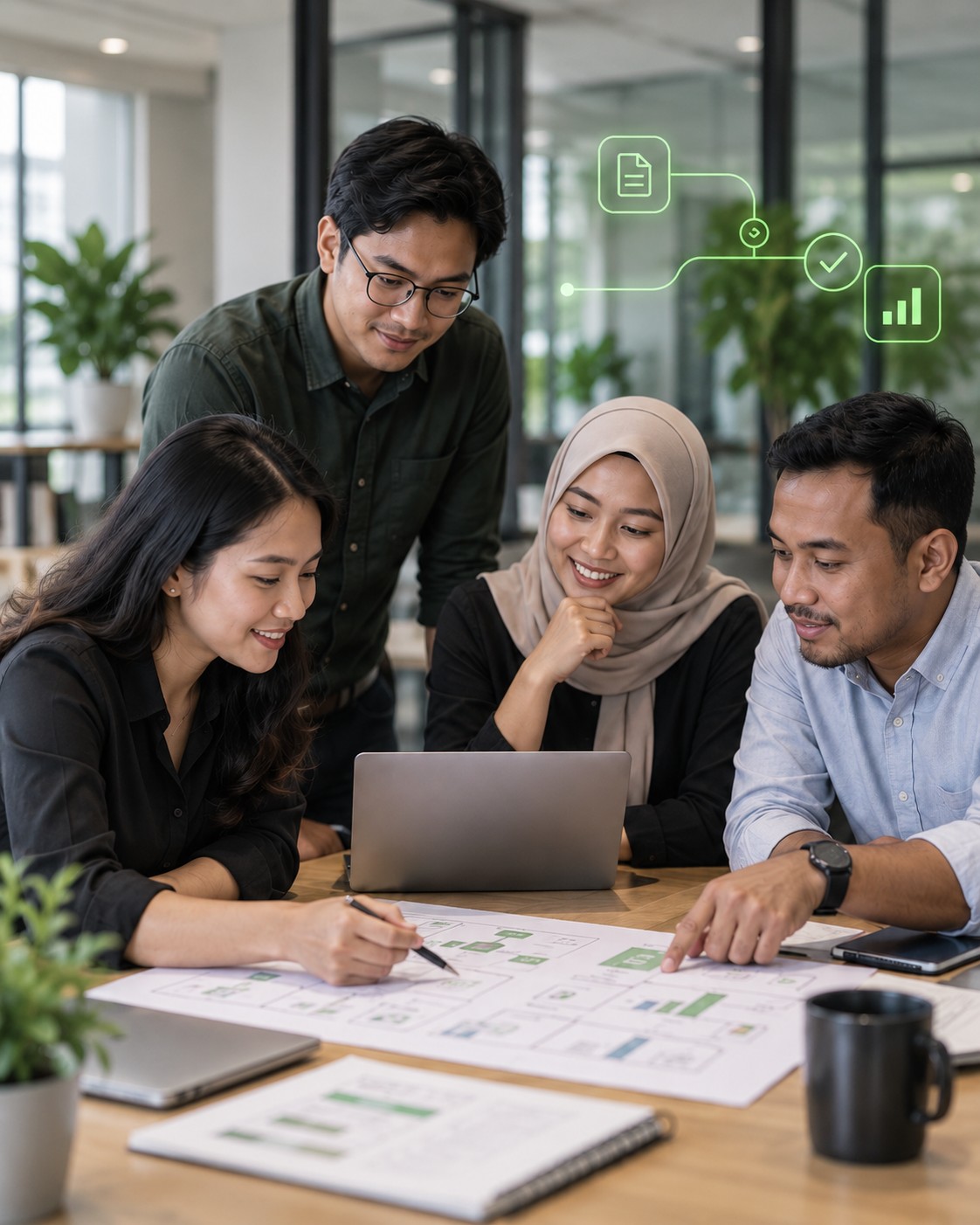 Business team reviewing an AI implementation workflow