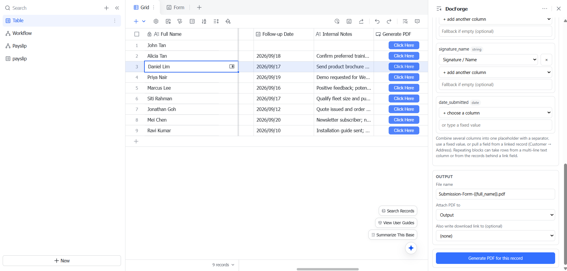 DocForge in Lark Base: map columns and generate a PDF for a record