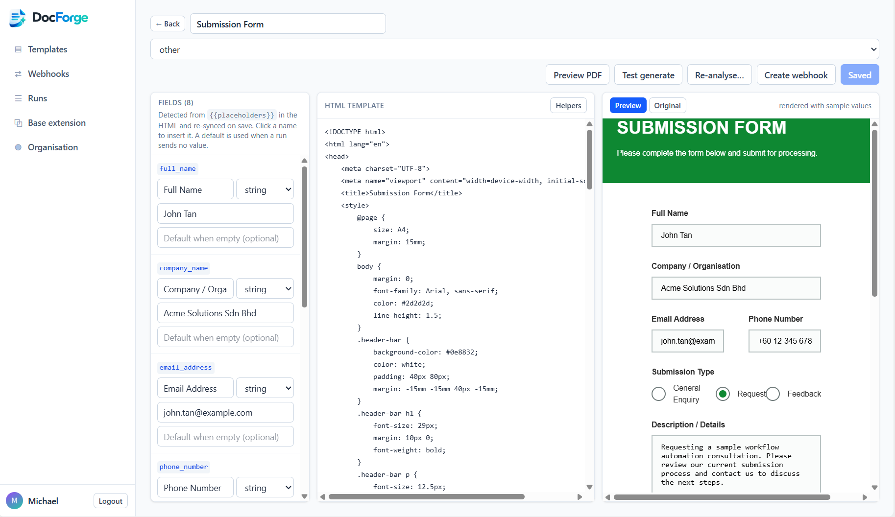 DocForge template editor: fields, HTML template, and live form preview