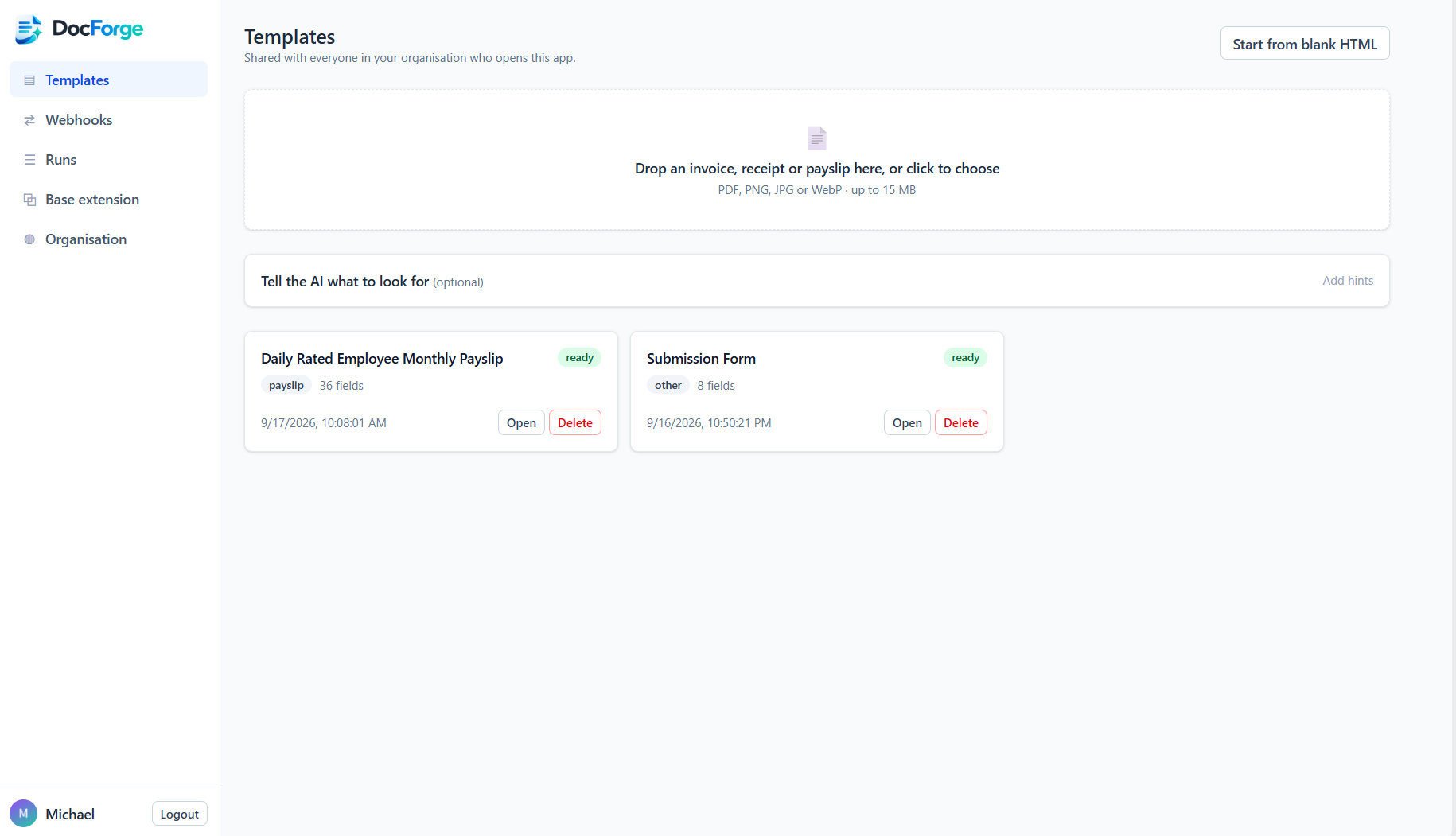 DocForge Templates: drop an invoice, receipt or payslip to build a template