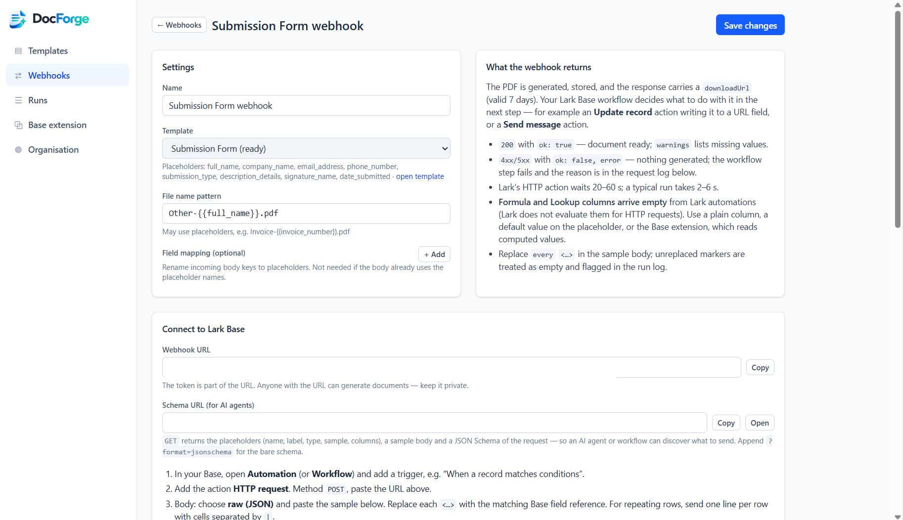 DocForge webhook: connect a template to Lark Base with a private URL