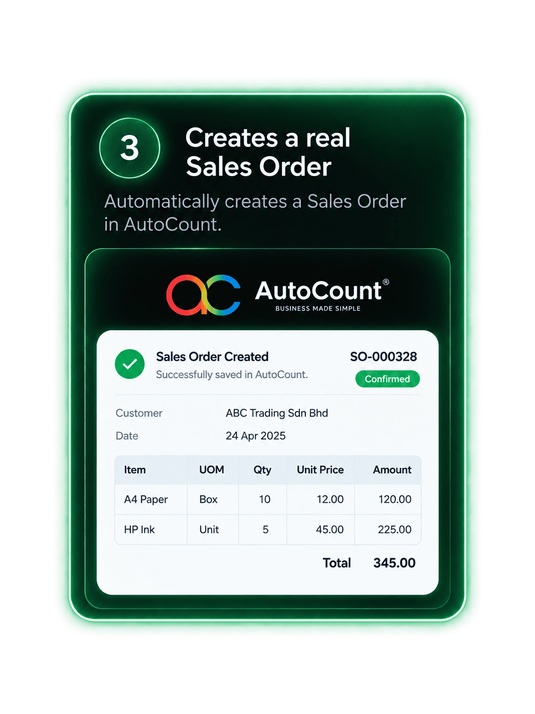 AutoCount Sales Order created by the AI agent