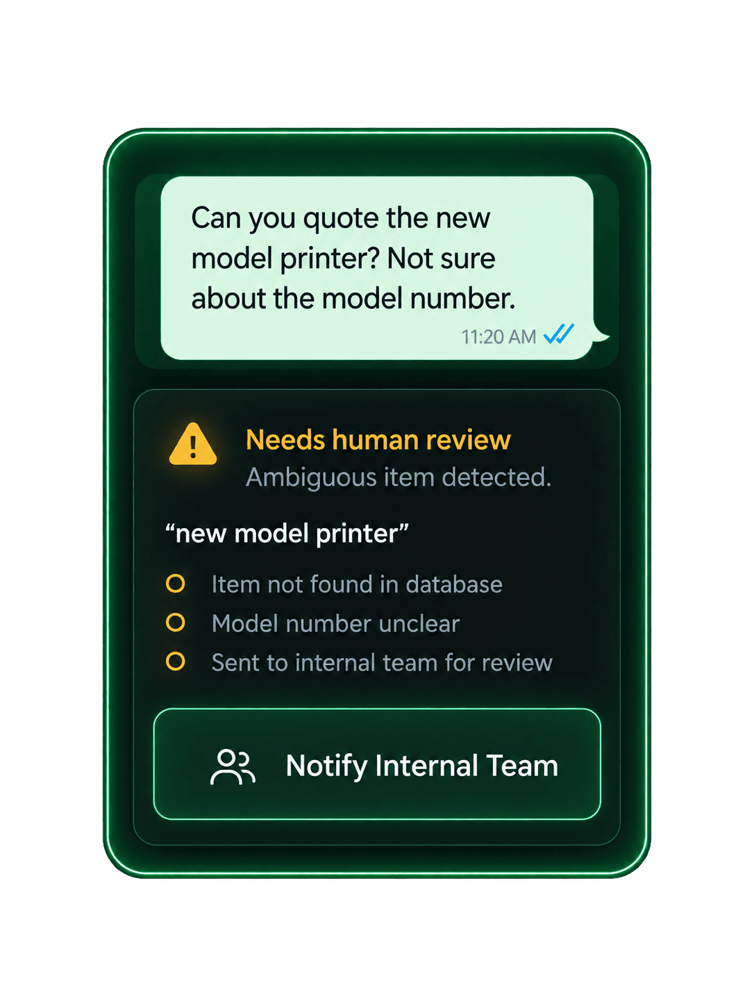 Ambiguous order sent to an internal team for human review