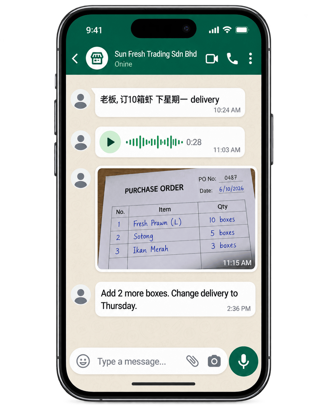 WhatsApp customer order conversation displayed on a smartphone